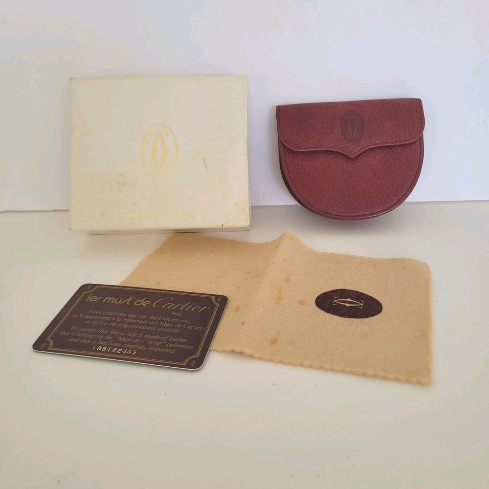 Cartier Vintage Mini Coin Holder‎ Wallet Bordeaux Leather Small Red Horsebit Box